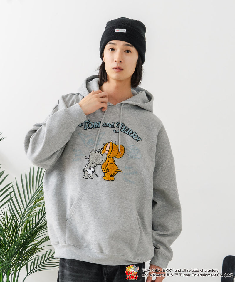 【TOM and JERRY/トムとジェリー】オリジナルデザイン 刺繍 プルオーバーパーカー フーディー ジェリー タフィー サカナ ドロップショルダー ビッグシルエット
