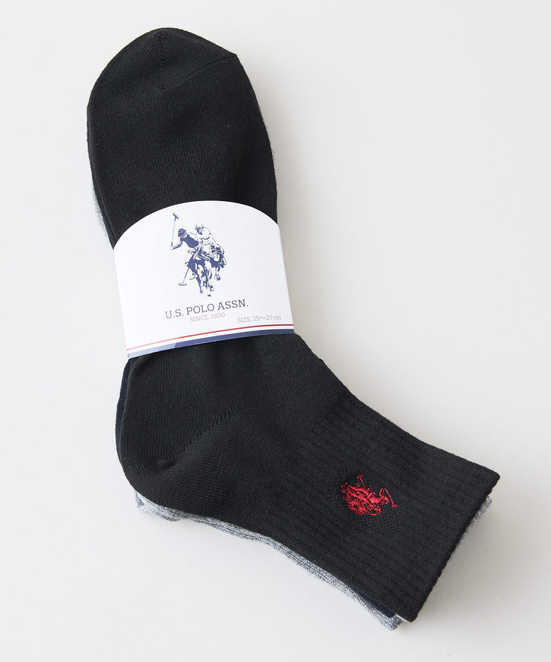 ワンポイント ロゴ刺繍 クォーター3Pソックス【U.S. POLO ASSN./ユーエスポロアッスン】