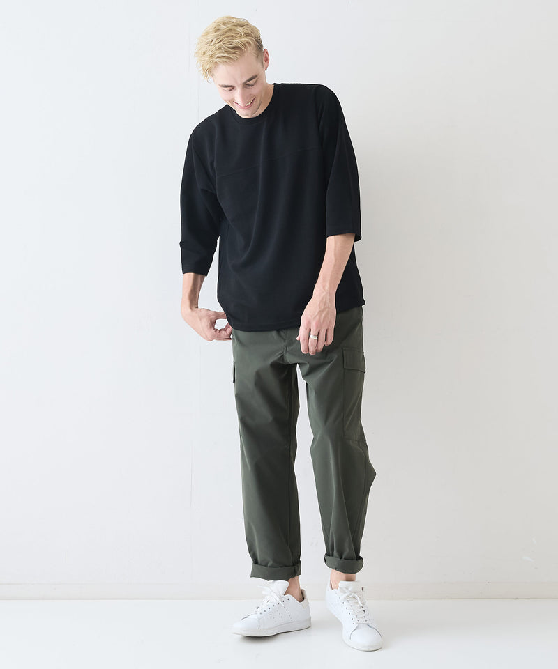 【Blue Standard/ブルースタンダード】ドライリップル フットボール切り替7分袖Tシャツカットソー 吸水速乾 ストレッチ イージーケア さらさら快適 晩夏初秋