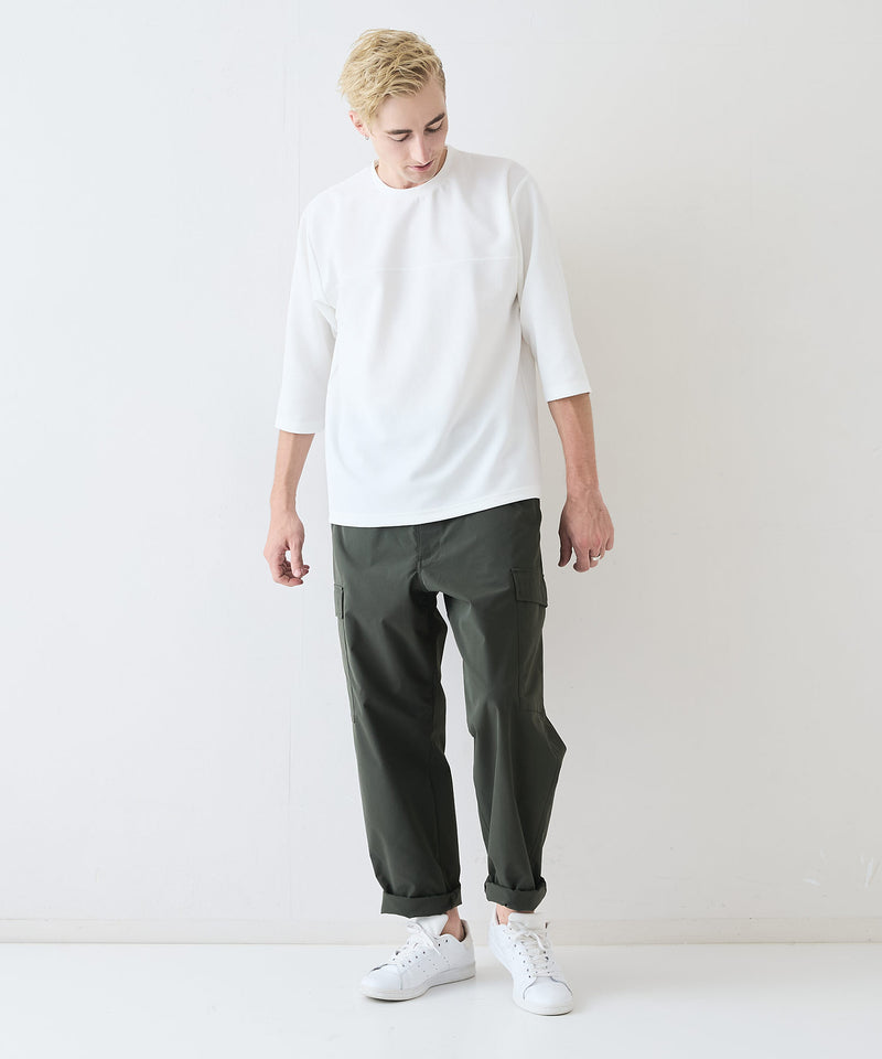 【Blue Standard/ブルースタンダード】ドライリップル フットボール切り替7分袖Tシャツカットソー 吸水速乾 ストレッチ イージーケア さらさら快適 晩夏初秋