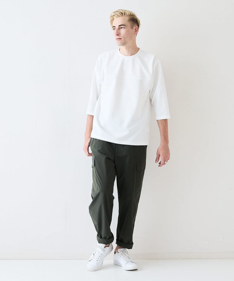 【Blue Standard/ブルースタンダード】ドライリップル フットボール切り替7分袖Tシャツカットソー 吸水速乾 ストレッチ イージーケア さらさら快適 晩夏初秋