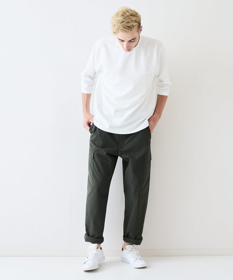 【Blue Standard/ブルースタンダード】ドライリップル フットボール切り替7分袖Tシャツカットソー 吸水速乾 ストレッチ イージーケア さらさら快適 晩夏初秋