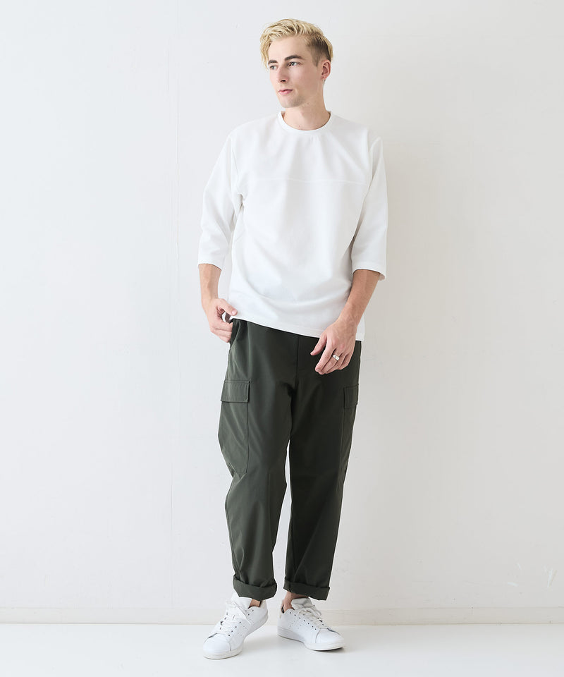 【Blue Standard/ブルースタンダード】ドライリップル フットボール切り替7分袖Tシャツカットソー 吸水速乾 ストレッチ イージーケア さらさら快適 晩夏初秋