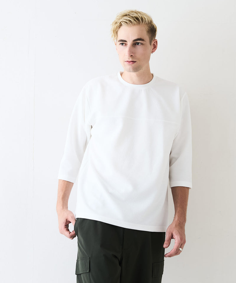 【Blue Standard/ブルースタンダード】ドライリップル フットボール切り替7分袖Tシャツカットソー 吸水速乾 ストレッチ イージーケア さらさら快適 晩夏初秋