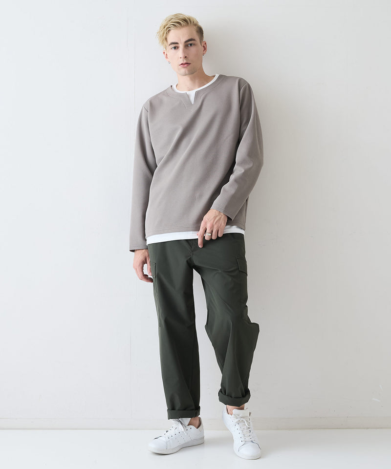 【Blue Standard/ブルースタンダード】ドライリップル フェイクレイヤード キーネックロンT カットソー 吸水速乾 ストレッチ イージーケア さらさら快適 晩夏初秋