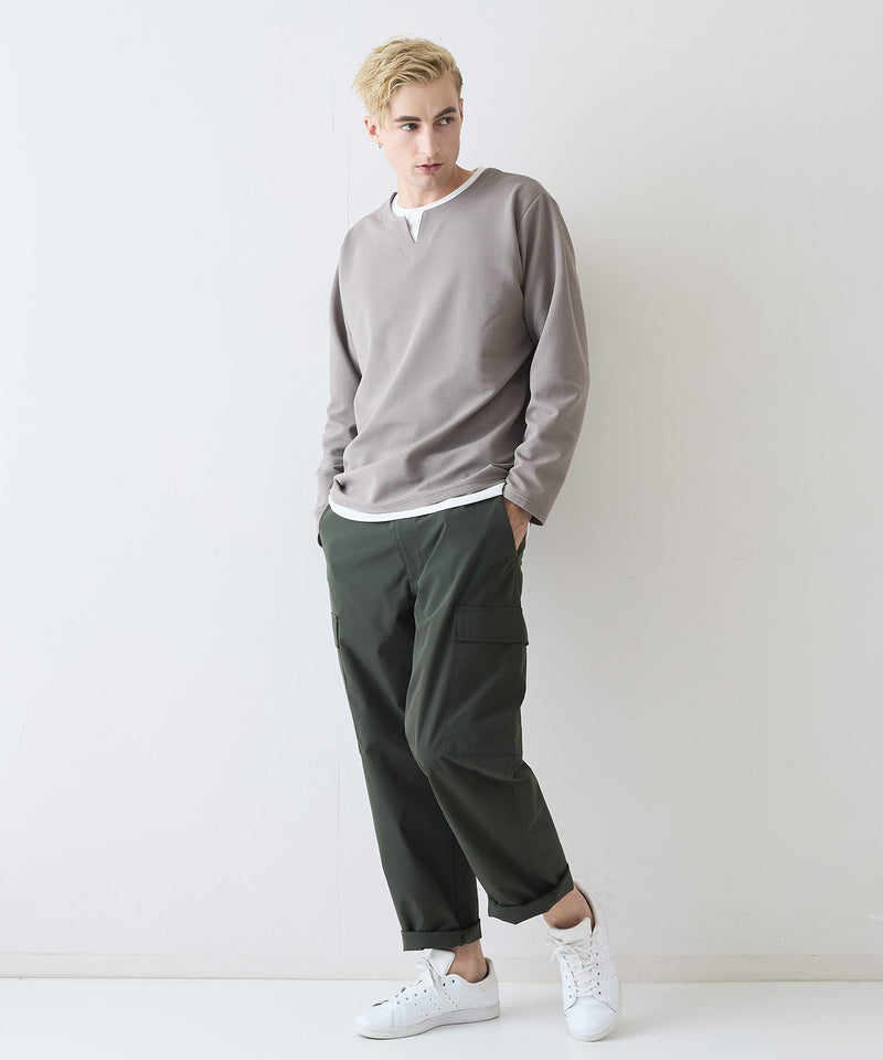 【Blue Standard/ブルースタンダード】ドライリップル フェイクレイヤード キーネックロンT カットソー 吸水速乾 ストレッチ イージーケア さらさら快適 晩夏初秋
