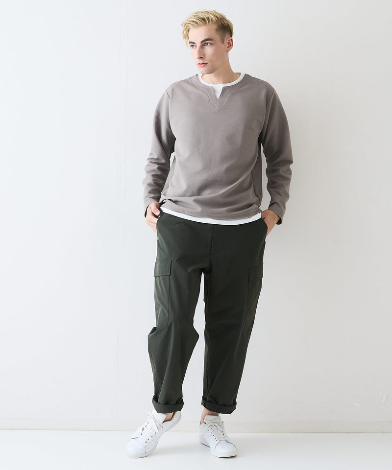 【Blue Standard/ブルースタンダード】ドライリップル フェイクレイヤード キーネックロンT カットソー 吸水速乾 ストレッチ イージーケア さらさら快適 晩夏初秋