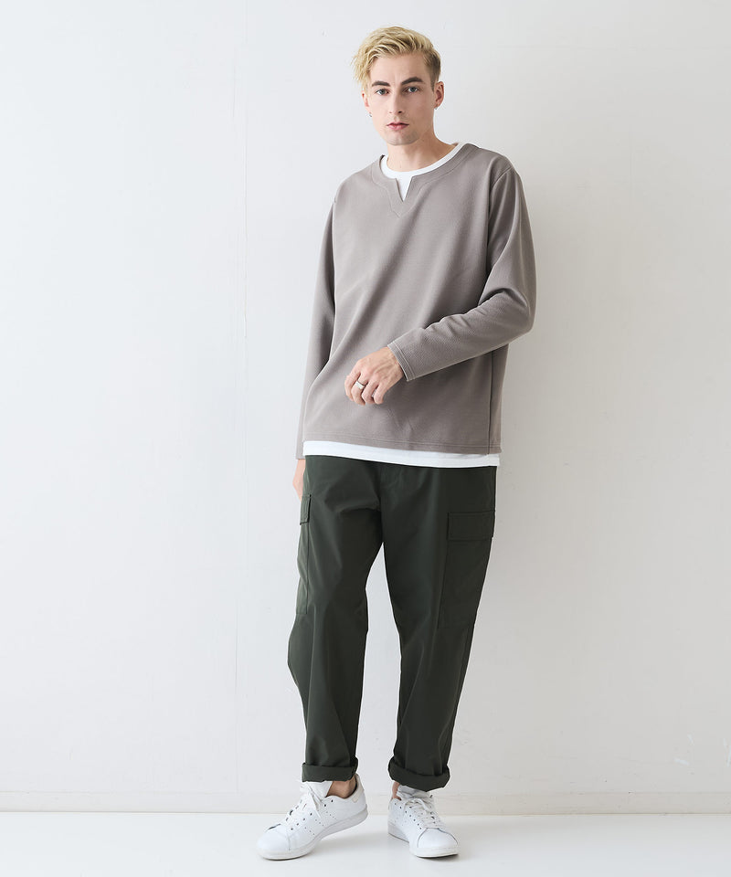 【Blue Standard/ブルースタンダード】ドライリップル フェイクレイヤード キーネックロンT カットソー 吸水速乾 ストレッチ イージーケア さらさら快適 晩夏初秋