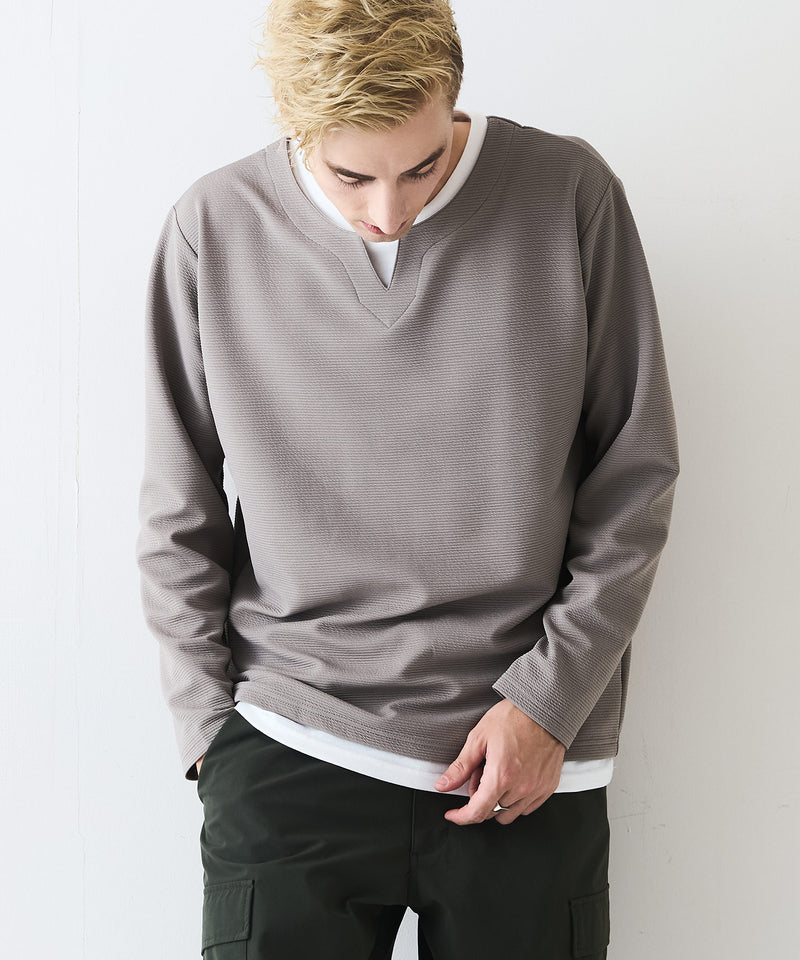【Blue Standard/ブルースタンダード】ドライリップル フェイクレイヤード キーネックロンT カットソー 吸水速乾 ストレッチ イージーケア さらさら快適 晩夏初秋
