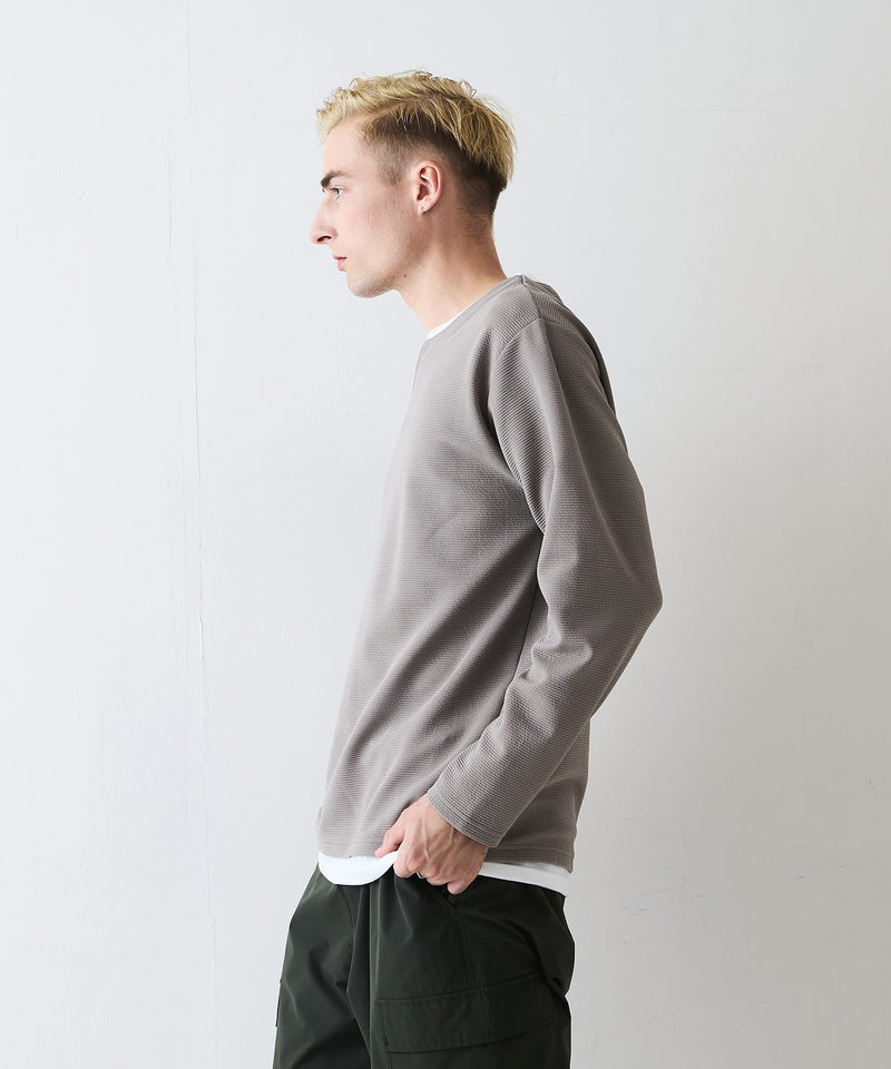 【Blue Standard/ブルースタンダード】ドライリップル フェイクレイヤード キーネックロンT カットソー 吸水速乾 ストレッチ イージーケア さらさら快適 晩夏初秋