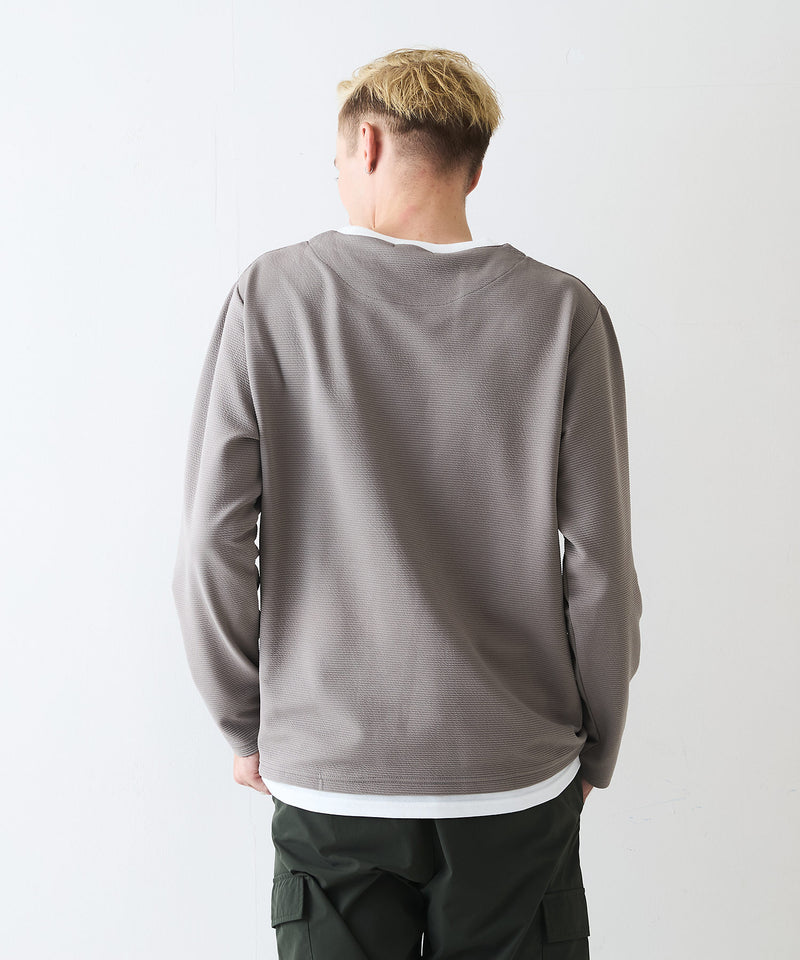 【Blue Standard/ブルースタンダード】ドライリップル フェイクレイヤード キーネックロンT カットソー 吸水速乾 ストレッチ イージーケア さらさら快適 晩夏初秋