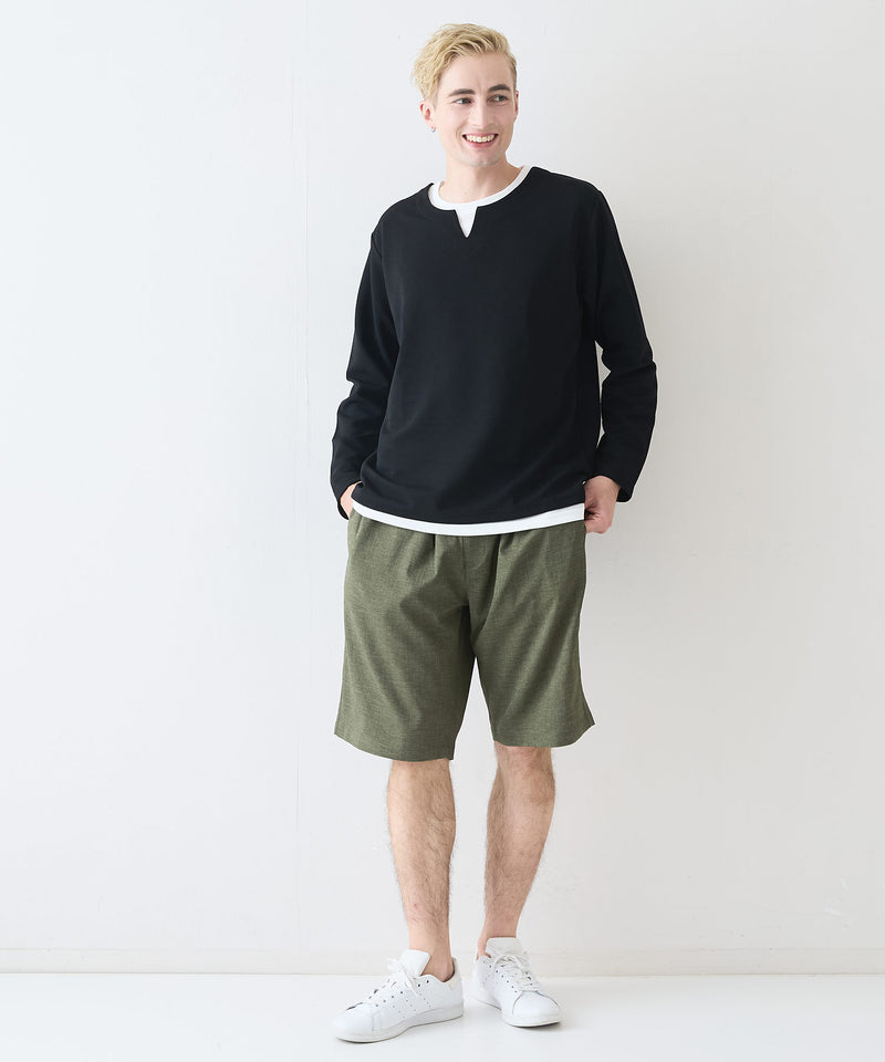 【Blue Standard/ブルースタンダード】ドライリップル フェイクレイヤード キーネックロンT カットソー 吸水速乾 ストレッチ イージーケア さらさら快適 晩夏初秋