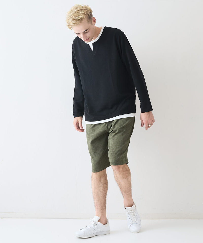 【Blue Standard/ブルースタンダード】ドライリップル フェイクレイヤード キーネックロンT カットソー 吸水速乾 ストレッチ イージーケア さらさら快適 晩夏初秋
