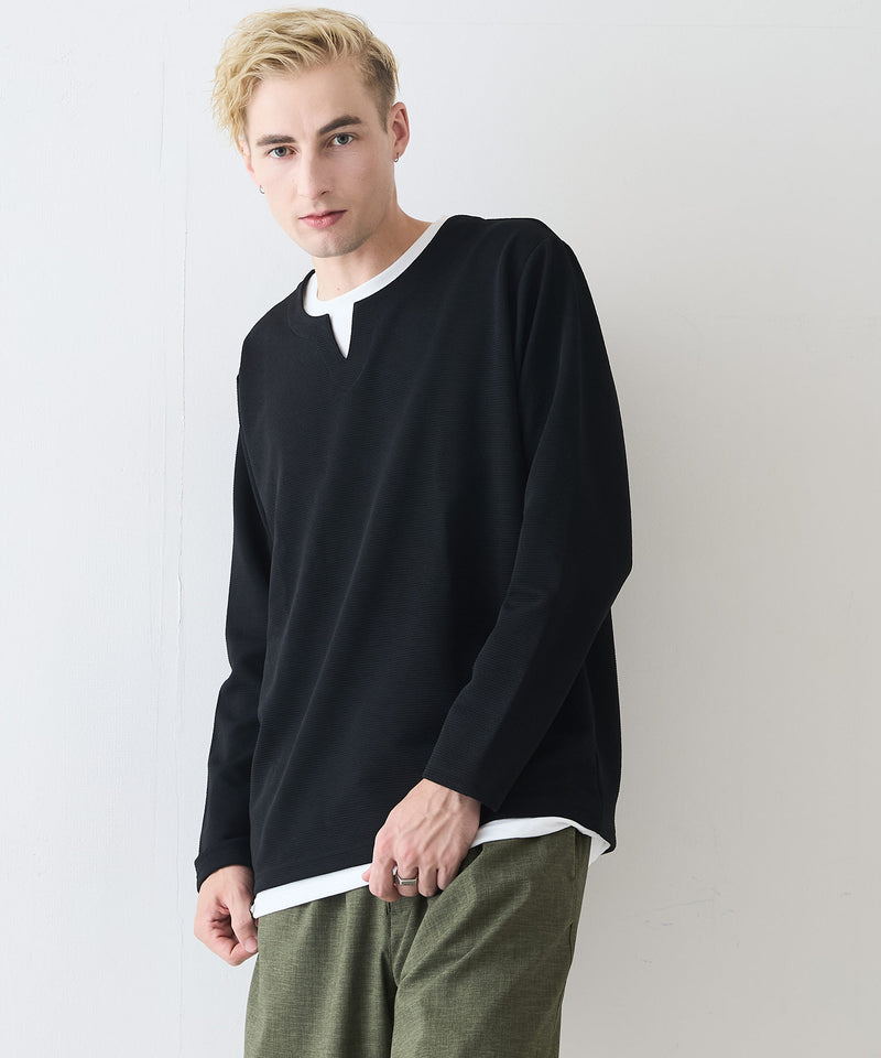 【Blue Standard/ブルースタンダード】ドライリップル フェイクレイヤード キーネックロンT カットソー 吸水速乾 ストレッチ イージーケア さらさら快適 晩夏初秋