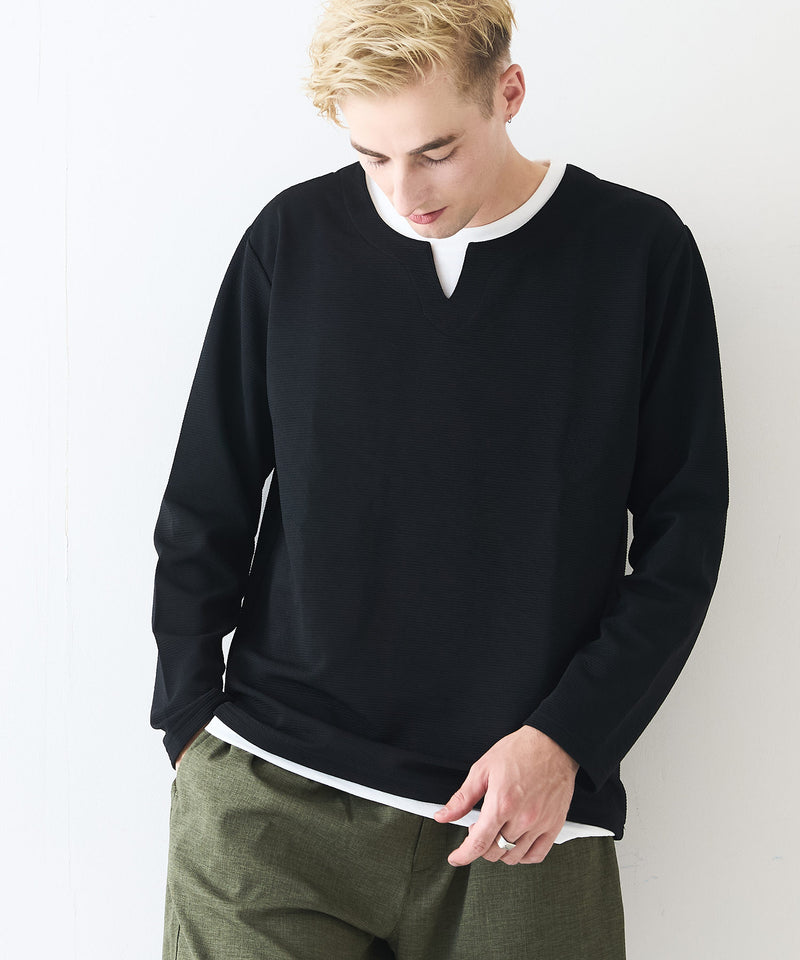 【Blue Standard/ブルースタンダード】ドライリップル フェイクレイヤード キーネックロンT カットソー 吸水速乾 ストレッチ イージーケア さらさら快適 晩夏初秋