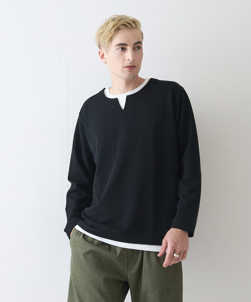 【Blue Standard/ブルースタンダード】ドライリップル フェイクレイヤード キーネックロンT カットソー 吸水速乾 ストレッチ イージーケア さらさら快適 晩夏初秋