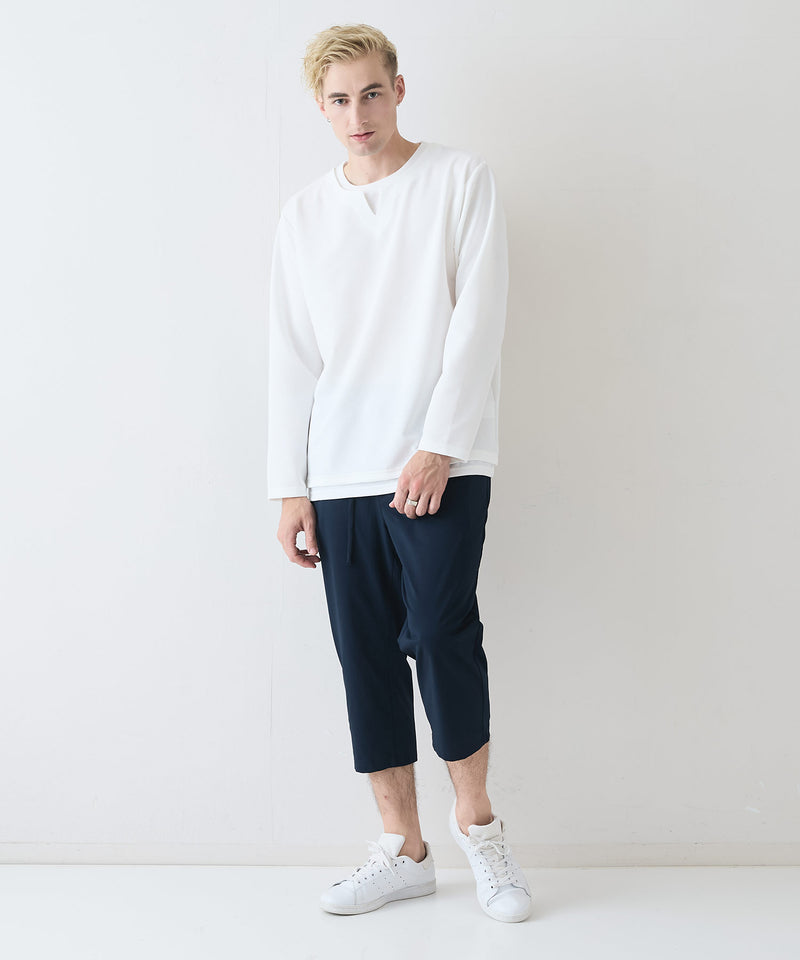【Blue Standard/ブルースタンダード】ドライリップル フェイクレイヤード キーネックロンT カットソー 吸水速乾 ストレッチ イージーケア さらさら快適 晩夏初秋