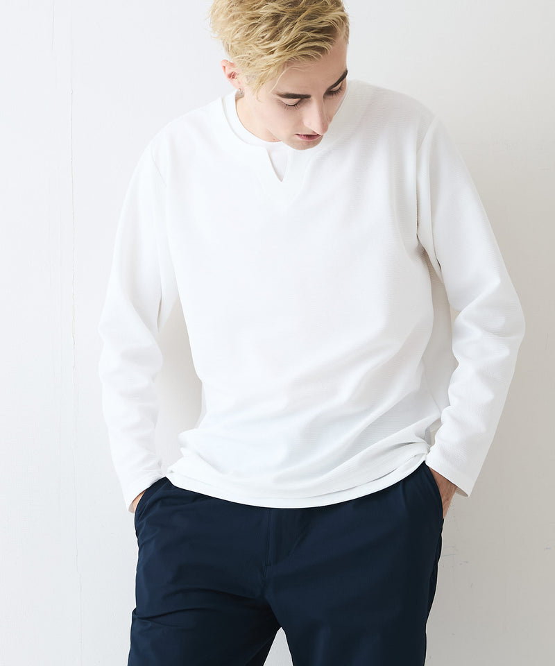 【Blue Standard/ブルースタンダード】ドライリップル フェイクレイヤード キーネックロンT カットソー 吸水速乾 ストレッチ イージーケア さらさら快適 晩夏初秋