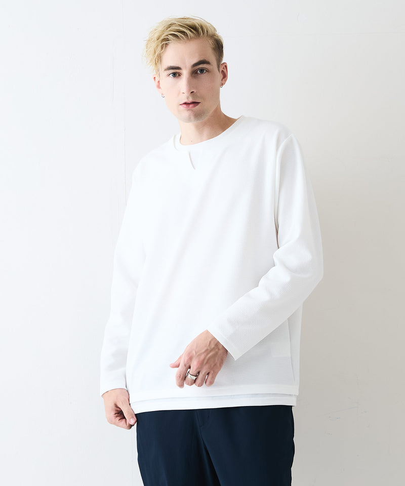 【Blue Standard/ブルースタンダード】ドライリップル フェイクレイヤード キーネックロンT カットソー 吸水速乾 ストレッチ イージーケア さらさら快適 晩夏初秋