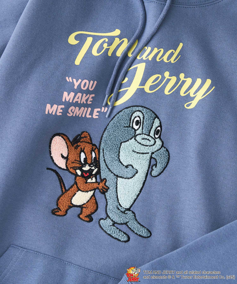 【TOM and JERRY/トムとジェリー】オリジナルデザイン 刺繍 プルオーバーパーカー フーディー ジェリー タフィー サカナ ドロップショルダー ビッグシルエット
