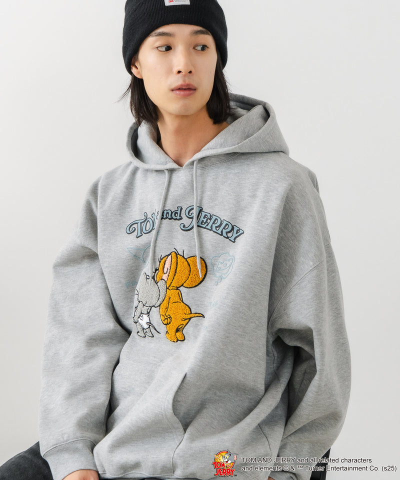 【TOM and JERRY/トムとジェリー】オリジナルデザイン 刺繍 プルオーバーパーカー フーディー ジェリー タフィー サカナ ドロップショルダー ビッグシルエット