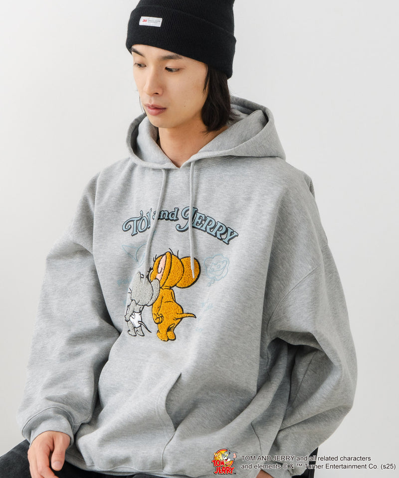 【TOM and JERRY/トムとジェリー】オリジナルデザイン 刺繍 プルオーバーパーカー フーディー ジェリー タフィー サカナ ドロップショルダー ビッグシルエット