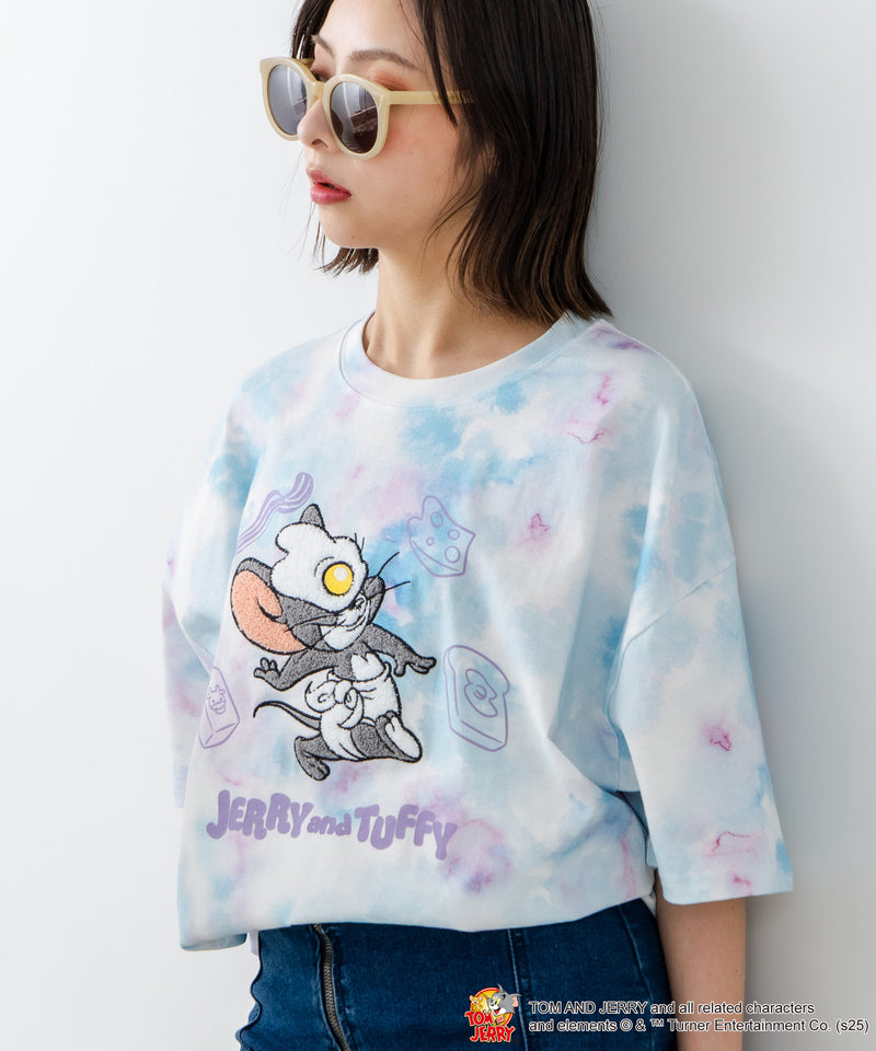 新柄追加！！【TOM AND JERRY/トムとジェリー】オリジナルデザイン 刺繍 Tシャツ ジェリー タフィー ドロップショルダー ビッグシルエット ユニセックス キャラクター