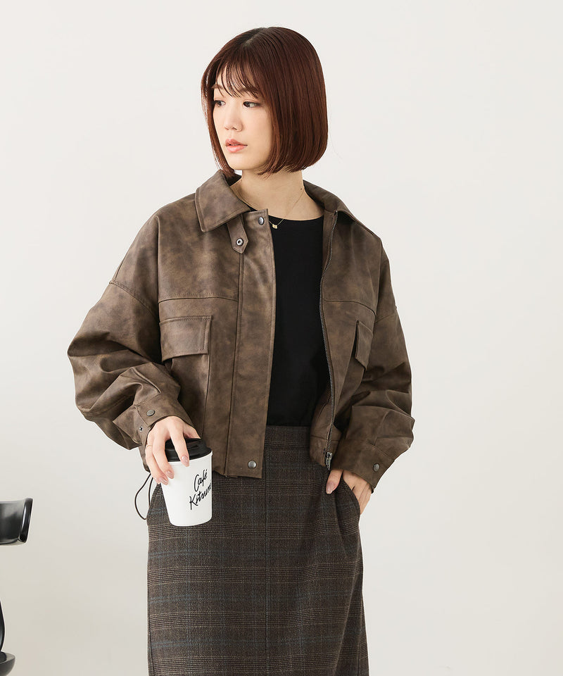 【fort point/フォートポイント】ムラ染め フェイクレザー ショート丈 ブルゾン