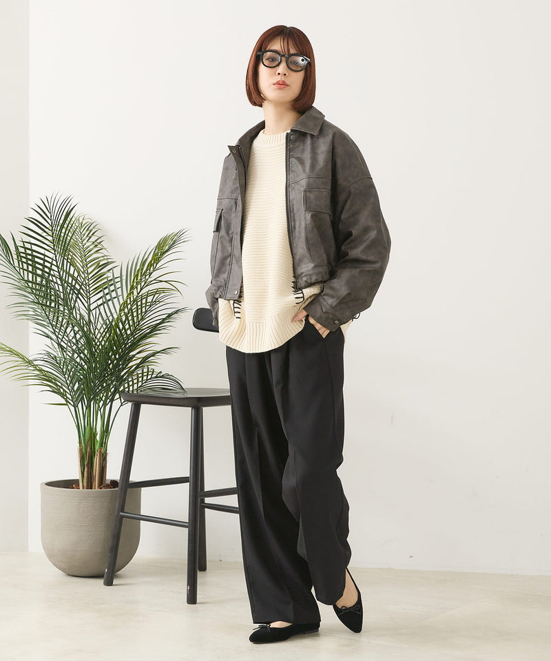【fort point/フォートポイント】ムラ染め フェイクレザー ショート丈 ブルゾン
