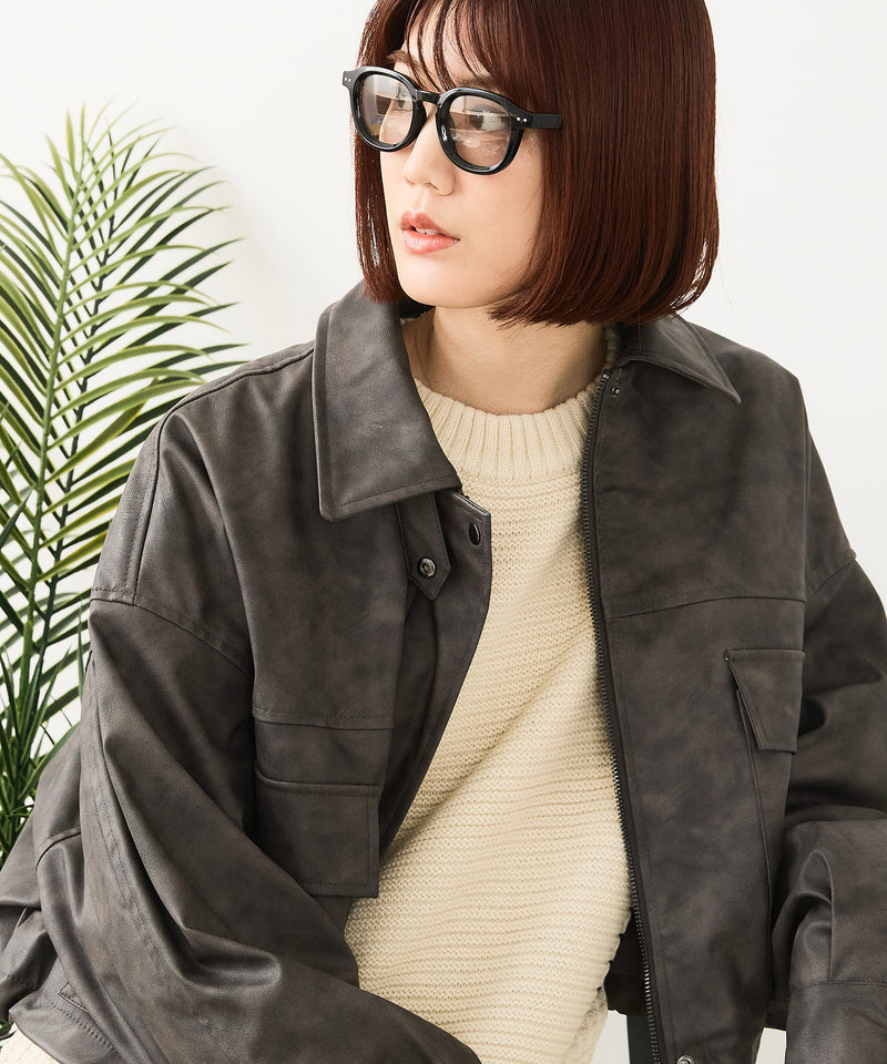 【fort point/フォートポイント】ムラ染め フェイクレザー ショート丈 ブルゾン