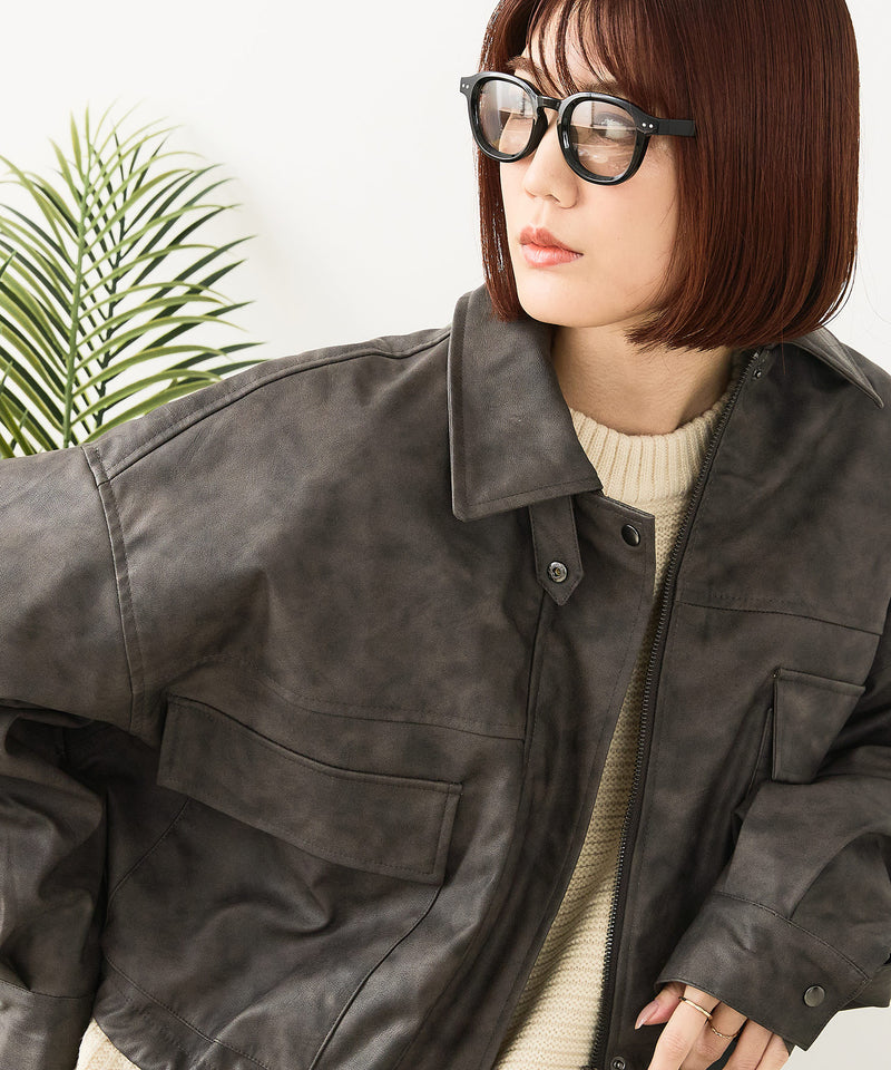 【fort point/フォートポイント】ムラ染め フェイクレザー ショート丈 ブルゾン