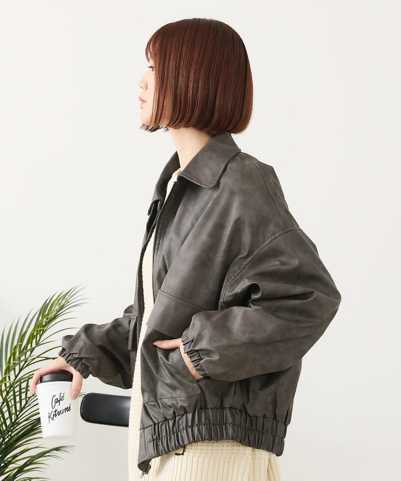 【fort point/フォートポイント】ムラ染め フェイクレザー オーバーサイズ ブルゾン