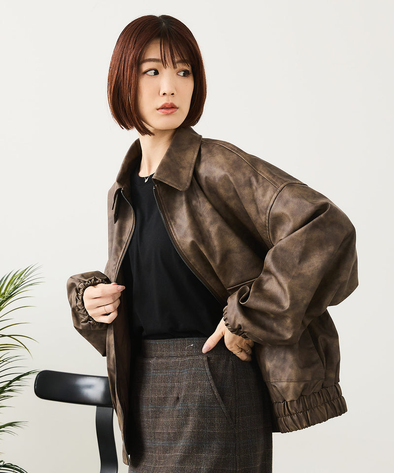 【fort point/フォートポイント】ムラ染め フェイクレザー オーバーサイズ ブルゾン