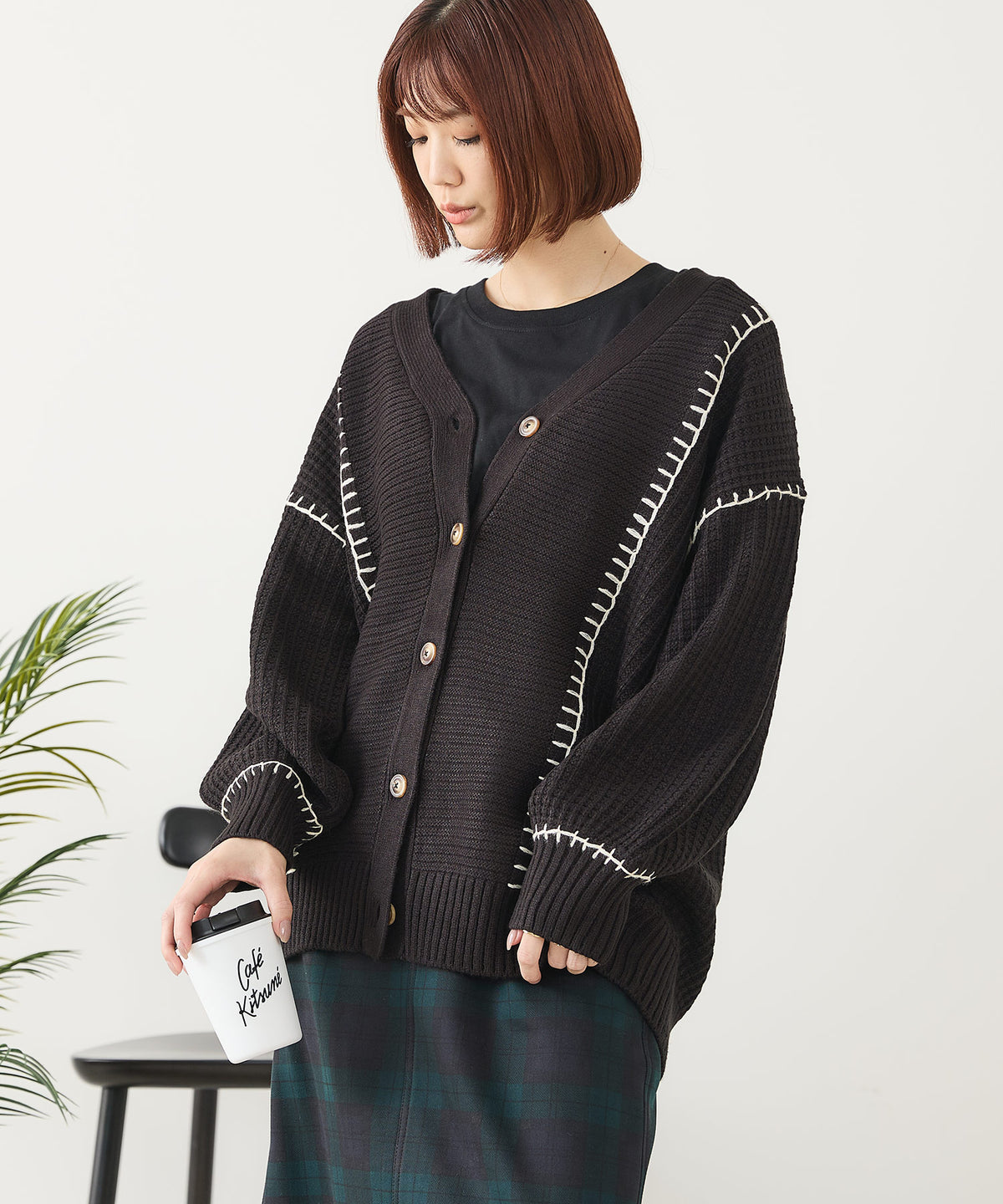 最終 doublet ブラック カーディガン 前面刺繍 C-FORT POINT/フォートポイント】ブランケットステッチ Vネックロング