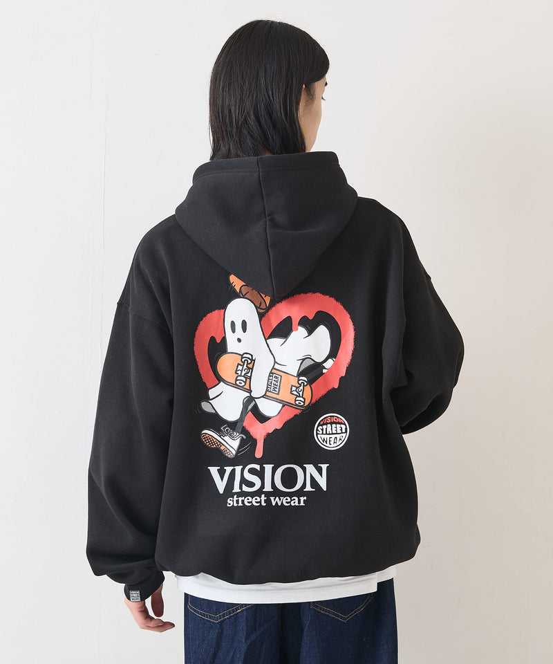 【VISION STREET WEAR/ヴィジョンストリートウェア】GHOST SKATER PARKA/オーバーサイズ 裏起毛 バックプリント ロゴ ワンポイント スウェット パーカー フーディー/レディース メンズ zo