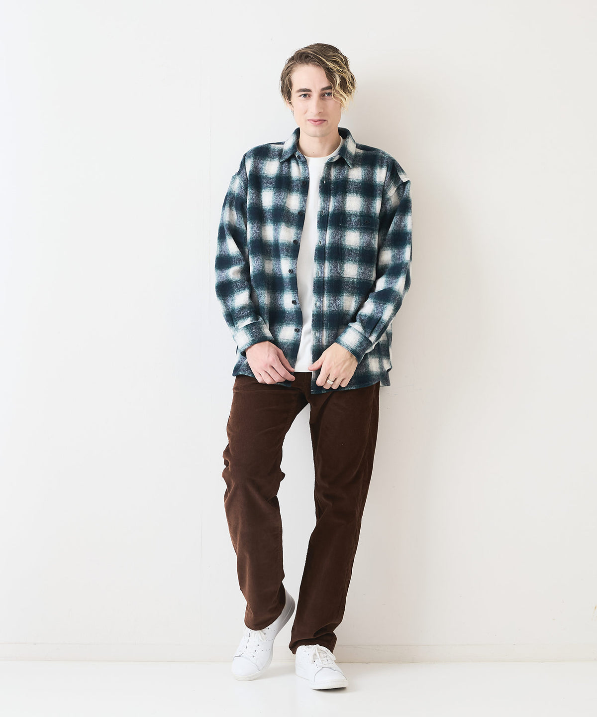 ゆういちです　ウールチェック ジャケット オンブレ Lサイズ ウール混 オンブレ チェックシャツ BLUE STANDARD
