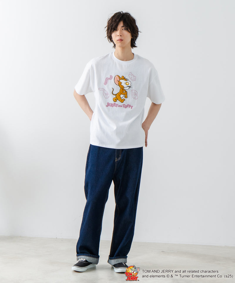 新柄追加！！【TOM AND JERRY/トムとジェリー】オリジナルデザイン 刺繍 Tシャツ ジェリー タフィー ドロップショルダー ビッグシルエット ユニセックス キャラクター