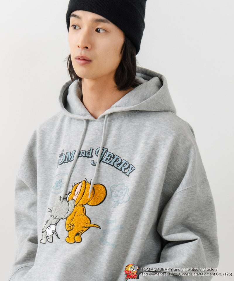 【TOM and JERRY/トムとジェリー】オリジナルデザイン 刺繍 プルオーバーパーカー フーディー ジェリー タフィー サカナ ドロップショルダー ビッグシルエット