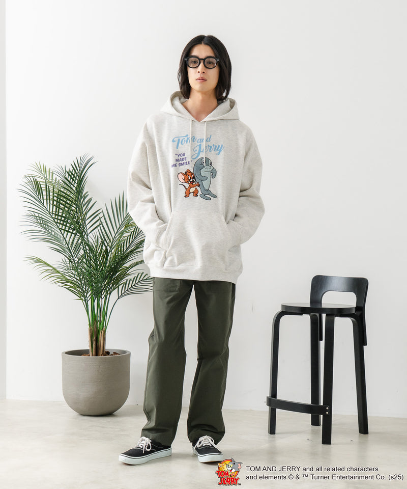 【TOM and JERRY/トムとジェリー】オリジナルデザイン 刺繍 プルオーバーパーカー フーディー ジェリー タフィー サカナ ドロップショルダー ビッグシルエット