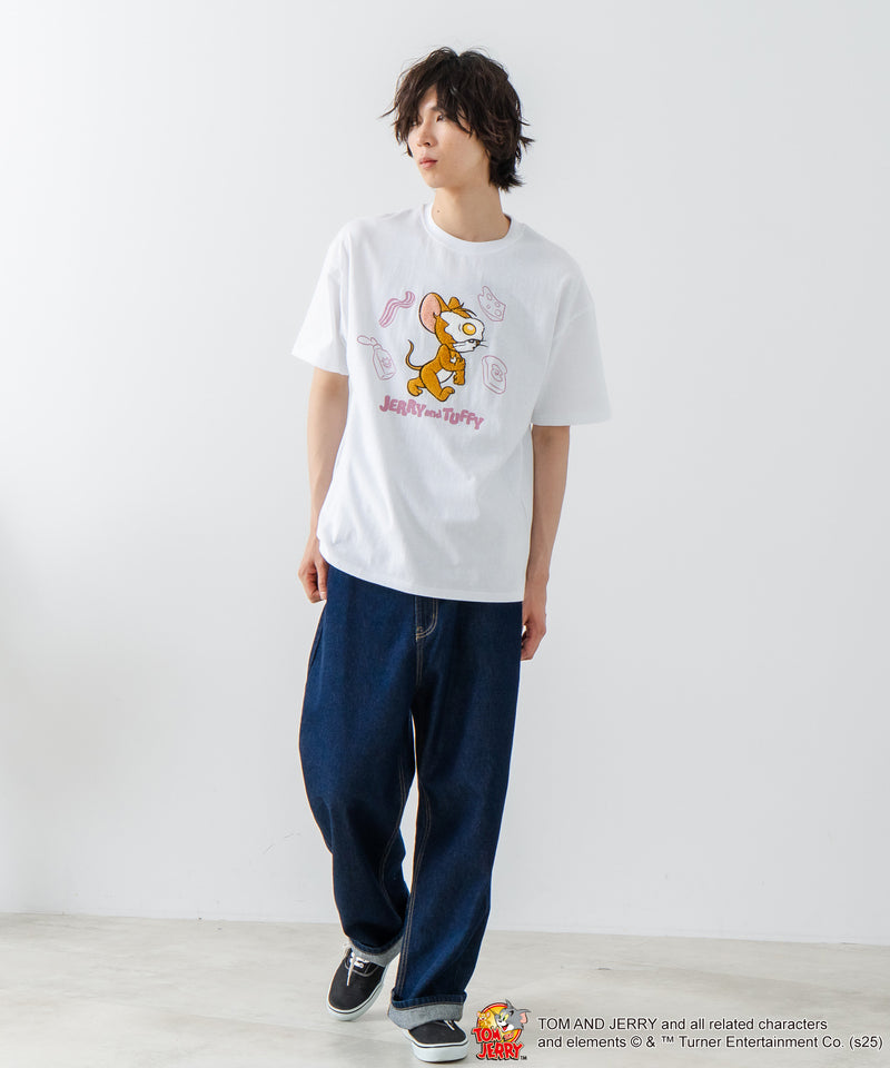 新柄追加！！【TOM AND JERRY/トムとジェリー】オリジナルデザイン 刺繍 Tシャツ ジェリー タフィー ドロップショルダー ビッグシルエット ユニセックス キャラクター