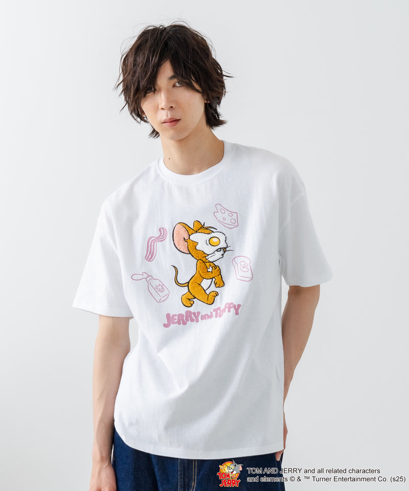 新柄追加！！【TOM AND JERRY/トムとジェリー】オリジナルデザイン 刺繍 Tシャツ ジェリー タフィー ドロップショルダー ビッグシルエット ユニセックス キャラクター