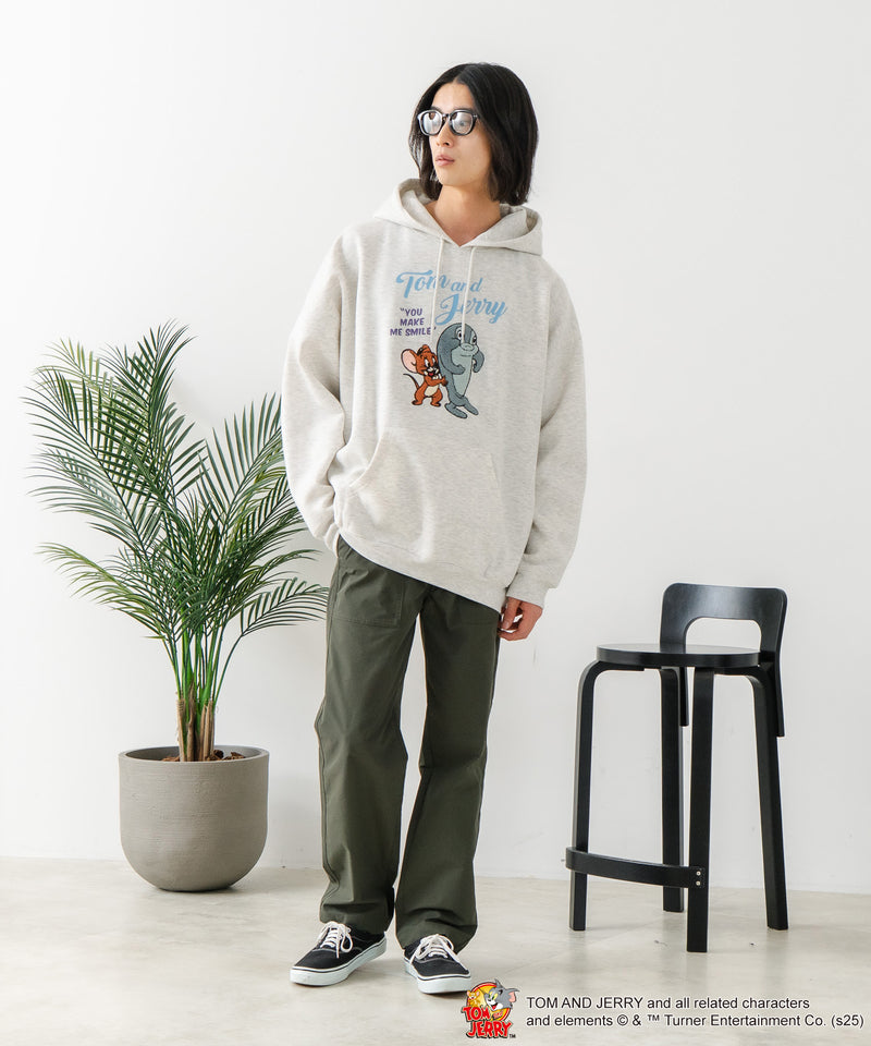 【TOM and JERRY/トムとジェリー】オリジナルデザイン 刺繍 プルオーバーパーカー フーディー ジェリー タフィー サカナ ドロップショルダー ビッグシルエット