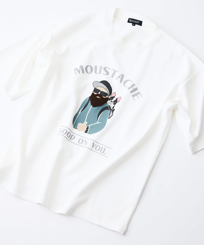 接触冷感 COOLスムース 部分刺繍 プリント リラックスシルエットTシャツ【Blue Standard/ブルースタンダード】
