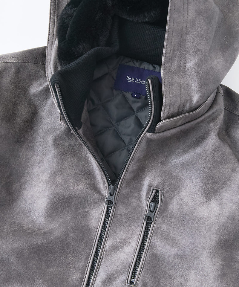 【BLUE STANDARD/ブルースタンダード】レザーライク 中綿フードジャケット