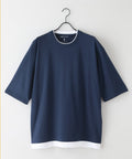 【汗染みの目立ちにくいTシャツ ZEROSTAIN/ゼロステイン】フェイクレイヤード ビッグシルエット キーネック クルーネック Tシャツ 防汚 ＵＶカット ネービーB柄 ❘ジーンズメイト公式オンラインショップ