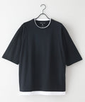 【汗染みの目立ちにくいTシャツ ZEROSTAIN/ゼロステイン】フェイクレイヤード ビッグシルエット キーネック クルーネック Tシャツ 防汚 ＵＶカット ブラックB柄 ❘ジーンズメイト公式オンラインショップ