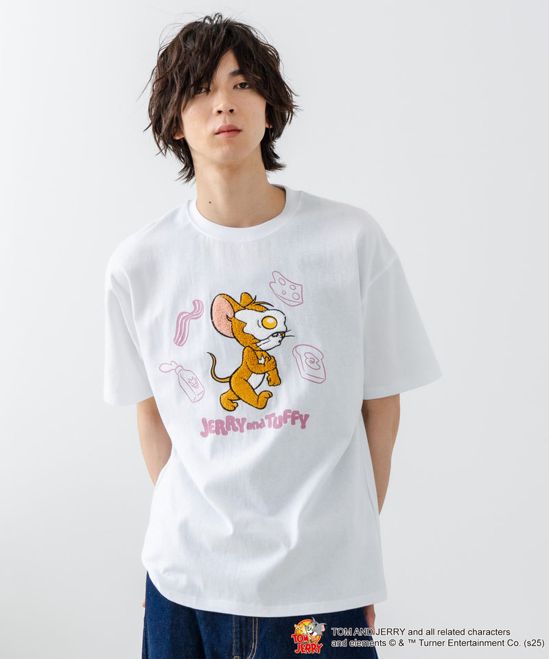 新柄追加！！【TOM AND JERRY/トムとジェリー】オリジナルデザイン 刺繍 Tシャツ ジェリー タフィー ドロップショルダー ビッグシルエット ユニセックス キャラクター
