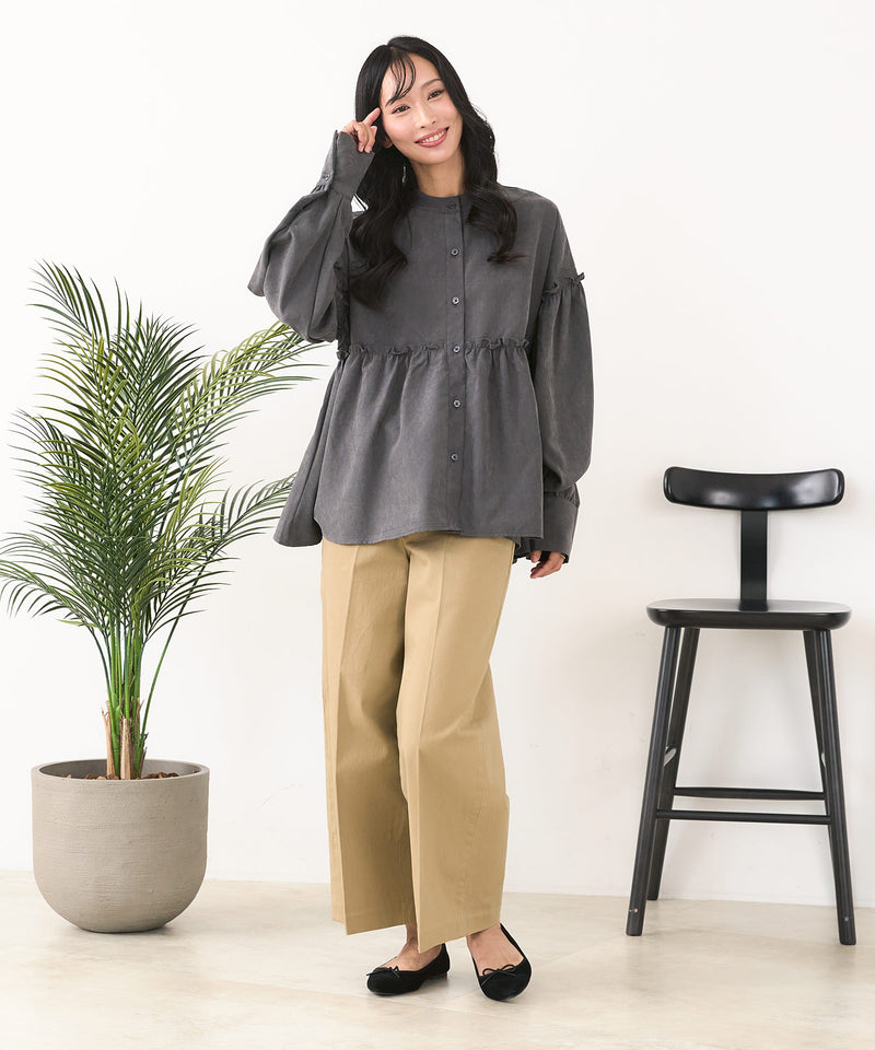【C-FORT POINT/フォートポイント】ピーチ起毛 ギャザー ノーカラーシャツ