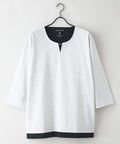 【汗染みの目立ちにくいTシャツ ZEROSTAIN/ゼロステイン】フェイクレイヤード ビッグシルエット キーネック クルーネック 7分袖Tシャツ 防汚 ＵＶカット オフホワイトA柄 ❘ジーンズメイト公式オンラインショップ