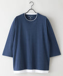【汗染みの目立ちにくいTシャツ ZEROSTAIN/ゼロステイン】フェイクレイヤード ビッグシルエット キーネック クルーネック 7分袖Tシャツ 防汚 ＵＶカット ブルーB柄 ❘ジーンズメイト公式オンラインショップ